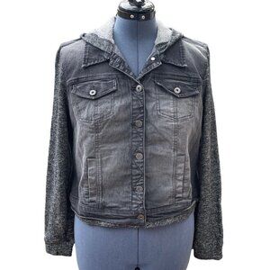 L.E.I. Distressed Denim Jean Jacket Juniors XL‎ Knit Hood Sleeves Grunge Boho